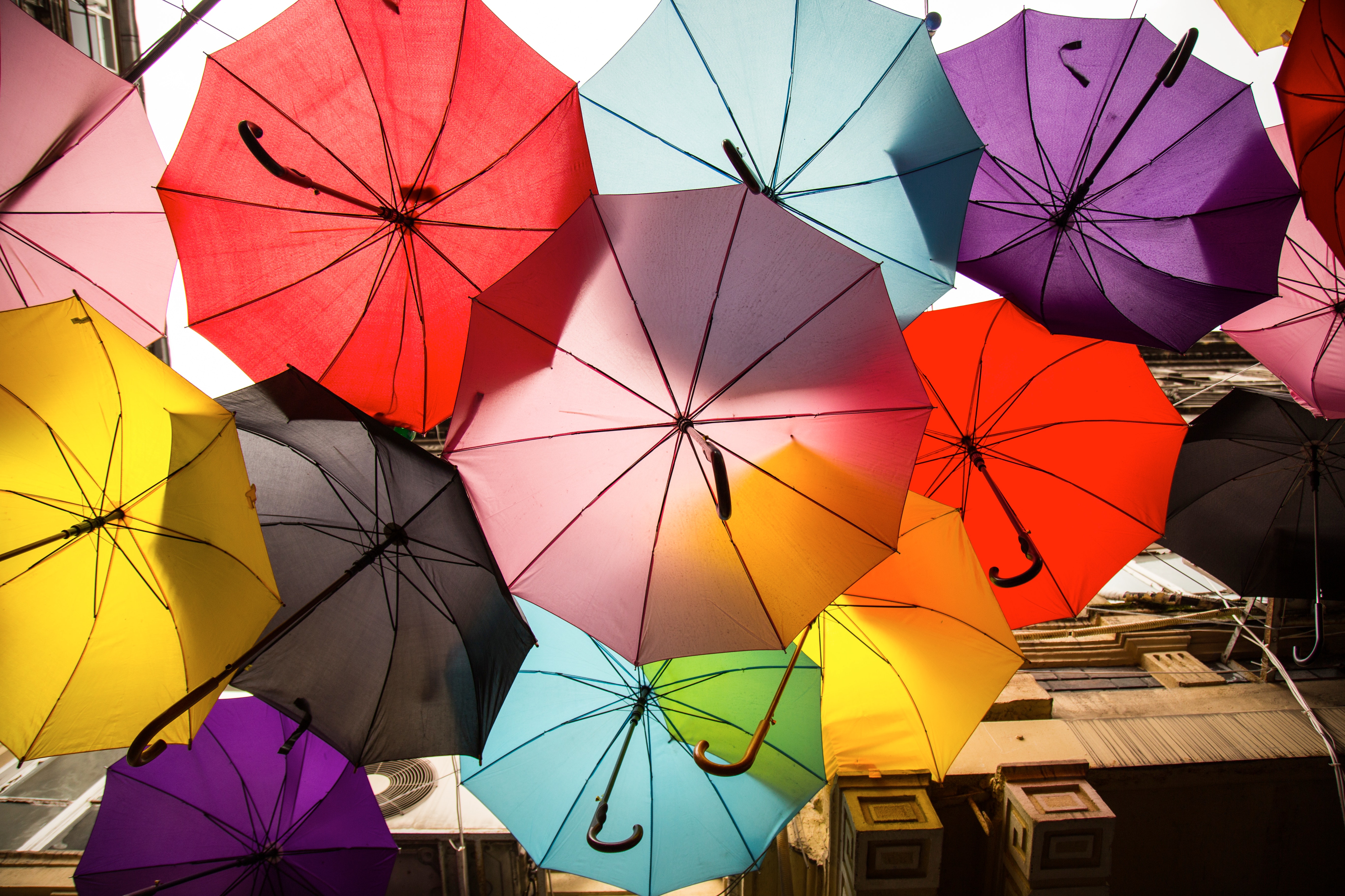 many open umbrellas of many colours